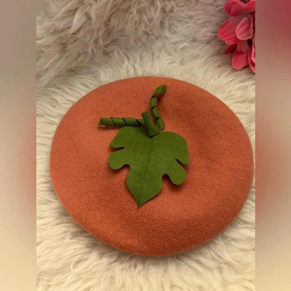 I Love Plum Pumpkin Beret Orange Wool Blend